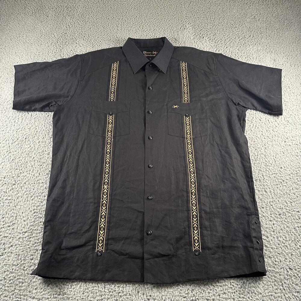 Texas Standard Guayabera Shirt Mens L Black Linen Cotton Short Sleeve Button Up